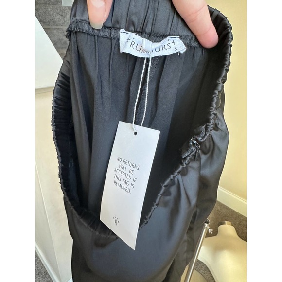 Black satin feather trim top and feather trim pants set (2 pcs) size small NWT - Picture 10 of 15